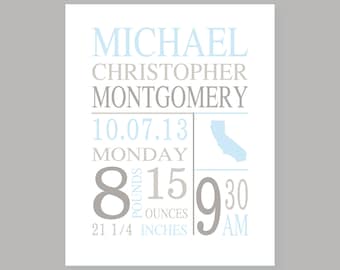 Baby boy nursery wall art, Birth Stats print, Baby boy subway art, birth announcement, baby gift, birth print, baby name nursery print