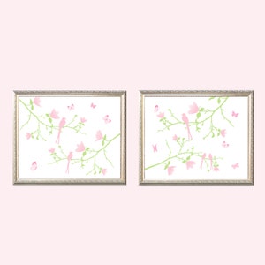 Butterflies and Birds on Magnolia branches - In Pink and Green Set of 2 prints 8x10, baby shower gift, girl decor