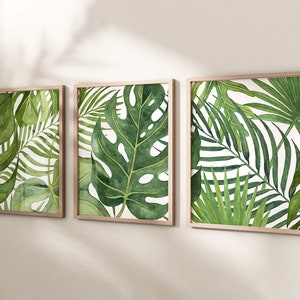 Monstera Leaf Print Set, Banana Leaf Tropical Bedroom Wall Art Decor, Watercolor Ferns Green Bathroom Decor CANVAS or PAPER PRINTS, Set of 3