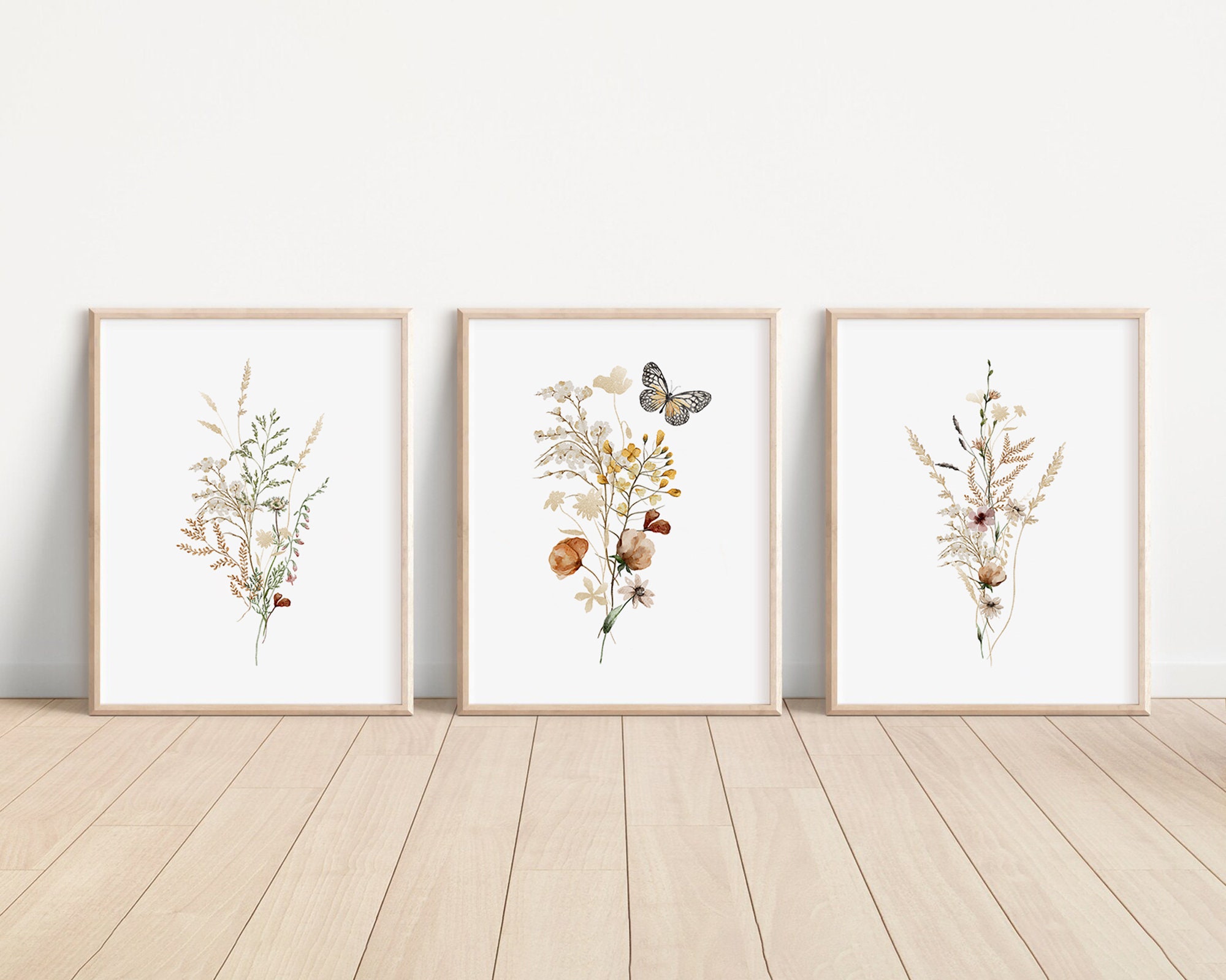 Boho Wildflowers Floral Art Prints, Set of 3 Prints, Canvas or Digital ...