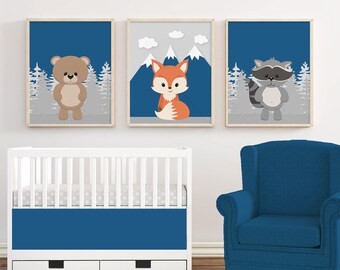 Woodland Nursery Decor boy - navy gray bear fox raccoon Woodland theme mountain wall Art - Baby Animal Prints or canvas Nursery art set of 3