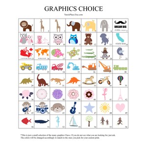Puede incluir: Una cuadr&iacute;cula de 56 ilustraciones coloridas, que incluyen animales, veh&iacute;culos, mapas y otros dise&ntilde;os. Las ilustraciones est&aacute;n dispuestas en una cuadr&iacute;cula con n&uacute;meros debajo de cada imagen. El texto "GRAPHICS CHOICE" est&aacute; en la parte superior de la cuadr&iacute;cula.