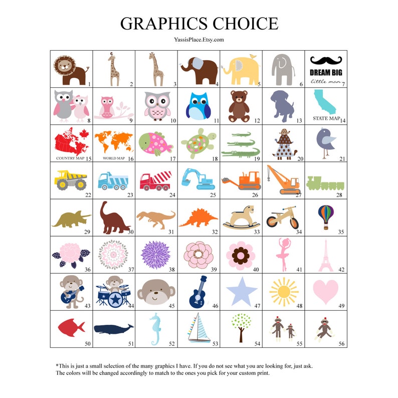 Puede incluir: Una cuadr&iacute;cula de 56 ilustraciones coloridas, que incluyen animales, veh&iacute;culos, mapas y otros dise&ntilde;os. Las ilustraciones est&aacute;n dispuestas en una cuadr&iacute;cula con n&uacute;meros debajo de cada imagen. El texto "GRAPHICS CHOICE" est&aacute; en la parte superior de la cuadr&iacute;cula.