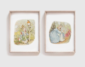 PETER RABBIT Nursery Wall Art, Conjunto de 2 impresiones o arte de lienzo, Beatrix Potter Nursery Decor Storybook Baby Shower Theme Gift (PR-001)