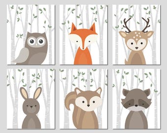 Forest Animals Nursery Art Woodland Creatures Wall Decor Baby Animal Room Decorations Set of 6 Owl Fox Deer Bunny Fawn Deer PRINTS or CANVAS