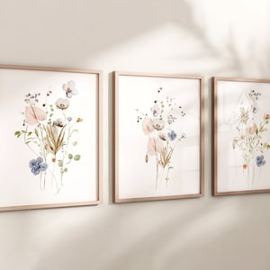 Watercolor Flower Wall Art, Wildflower Art Prints or Canvas Set of 3, Watercolor Floral Print Set, Botanical Nursery Decor Wall Art