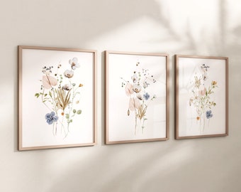 Arte mural de flores de acuarela, impresiones artísticas de flores silvestres o lienzos (juego de 3), juego de impresiones florales de acuarela, decoración botánica para guardería.