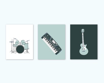 Music Instruments Art Print or Canvas, Wall Art Boys room decor, Rock Band Decor, Green Gray Blue Guitar Decor Prints Baby Nursery Art 099