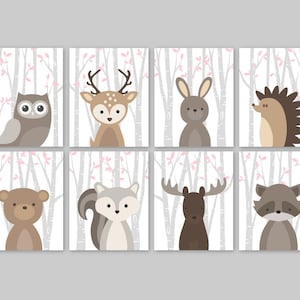 Baby Girl Nursery Decor Woodland Animals Woodland Nursery Girl Pink Forest Animal Prints Set Owl Deer Rabbit Bear Squirrel Moose Raccoon