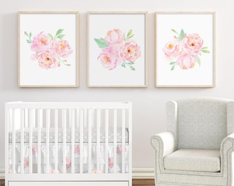 Baby Girl Nursery Prints, Flower Wall Art, Pink Floral Bouquets, Printable Watercolor Art Work, Best Selling Item, Digital Download, Baby