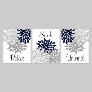 Relax Soak Unwind Bathroom Wall Art Prints or Canvas, Navy Blue Gray Flower Burst Pictures Bath Quotes, Floral Bathroom Decor Set of 3