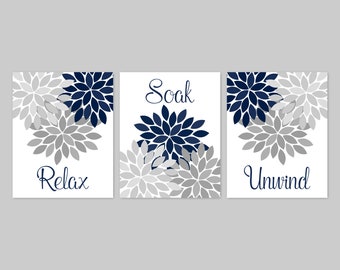 Relax Soak Unwind Bathroom Wall Art Prints or Canvas, Navy Blue Gray Flower Burst Pictures Bath Quotes, Floral Bathroom Decor Set of 3