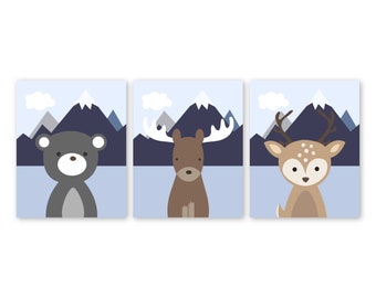 Woodland Animals Nursery Art, Bear Moose Deer Prints or Canvas