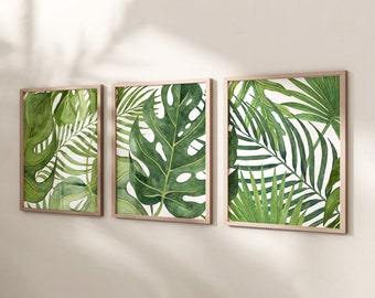 Watercolor Monstera Leaf Art Prints, Printable Set of 3, Watercolor Banana Leaf Wall Art Tropical Leaf Print Set Watercolor Leaves Wall Art