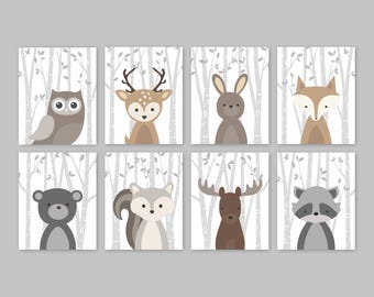 Woodland Nursery Wall Art - Set of 8, Woodland Animal Prints or Canvas, Forest Nursery Decor, Woodland Baby Room, Gender Neutral Decor