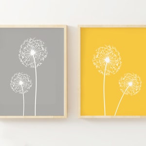 Arte de pared gris y amarillo de diente de león, obras de arte simples, decoración sobre la cama, decoración de la pared del dormitorio principal, ideas de regalos para hermanas, juego de regalos de inauguración de la casa de 2