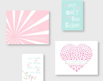 Baby Girl Nursery Decor, You Are My Sunshine, Set of 4 PRINTS or CANVAS, Kids wall art in Aqua, Pink, Beige by YassisPlace
