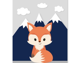 Fox Art Print or Canvas, Orange Fox Illustration and Navy Mountains, Woodland Animal Poster, Forest Friends Home Decor by YassisPlace
