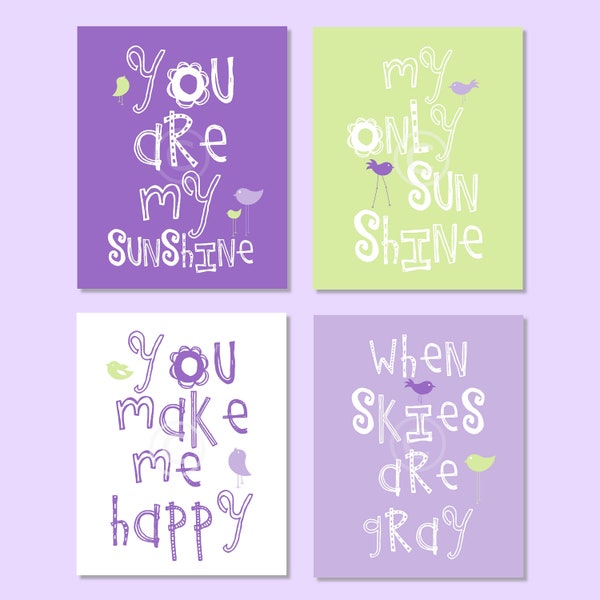 Arte de la pared de los niños Arte de la pared de la guardería púrpura y verde, arte de la sala de juegos - You Are My Sunshine 8x10 decoración de la guardería, regalo de baby shower, color de niño o niña