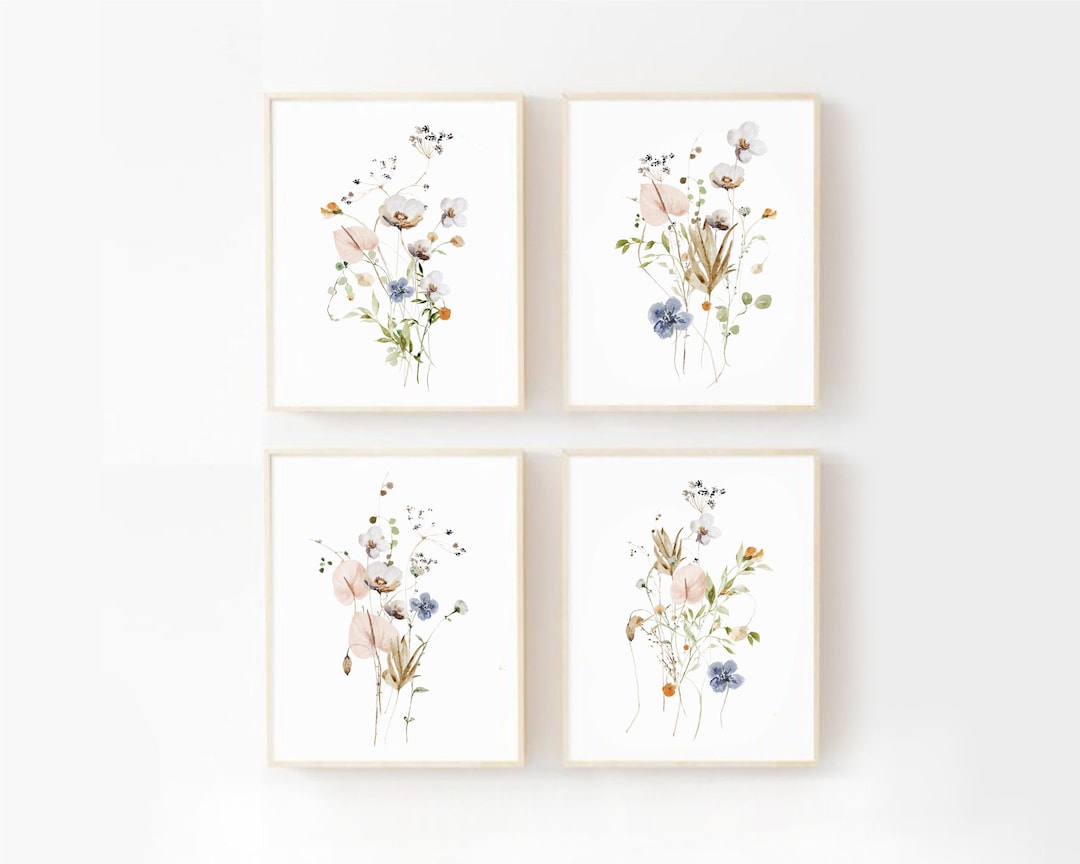 Wildflower Art Prints or Canvas Set of 4, Watercolor Flower Wall Art ...