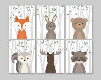 Baby Animals Nursery Wall Art Boy Woodland Nursery Decor Forest Creatures Pictures Set of 6 illustrations Fox Bear Moose PRINTS or CANVAS