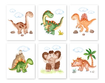 Dinosaur Prints, Watercolor Dinosaur Art Prints or Canvas Set of 6, Watercolor Dinosaur Decor, Baby Dinosaur Nursery Wall Art, Dinosaur