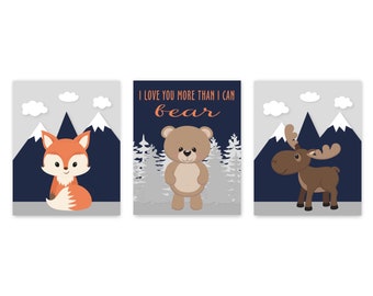 Woodland Nursery Decor boy, navy gray orange Fox Bear Moose Woodland theme mountain wall Art, Baby Animal Prints or canvas art, Set of 3 010