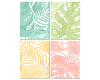 Monstera Leaf Print Set, Banana Leaf Tropical Bedroom Wall Art Decor, Watercolor Ferns Green Bathroom Decor CANVAS or PAPER PRINTS, Set of 4