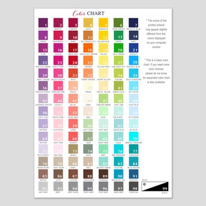 May include: A color chart with 99 different color swatches. Each swatch is labeled with a number and a color name. The chart includes a variety of colors, including red, orange, yellow, green, blue, purple, pink, brown, gray, and black.