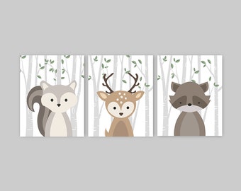 Woodland Nursery Decor, Woodland Animals Nursery Wall Art, Forest Creatures Baby Boy Room Print Set of 3, Bear Theme Baby Registry Gift Idea