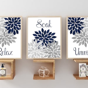Relax Soak Unwind Bathroom Wall Art Prints or Canvas, Navy Blue Gray Flower Burst Pictures Bath Quotes, Floral Bathroom Decor Set of 3