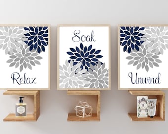 Relax Soak Unwind Bathroom Wall Art Prints or Canvas, Navy Blue Gray Flower Burst Pictures Bath Quotes, Floral Bathroom Decor Set of 3