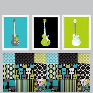 Lagoon Groovy Guitars Wall Art in light aqua blue teal  grey lime green black and white 063