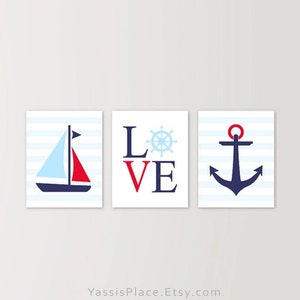 Nautical wall decor nursery, Sailboat, Anchor, Love Triptych Wall Art Prints in Navy Red, Blue stripes, Bathroom wall Decor NS-001-20