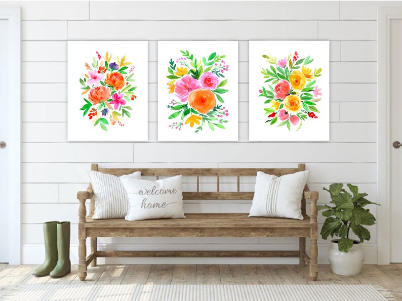 Bright Watercolor Flowers Colorful Wall Decor Floral Etsy