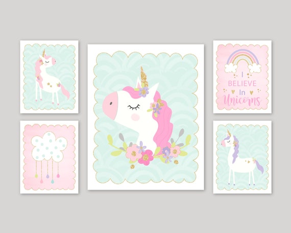 Unicorn Room Decor for Toddler Girl Bedroom, Unicorn Art Print or Canvas,  Unicorn Birthday Decorations, Unicorn Rainbow Party Gift Set of 5 
