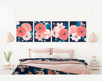 Boho Flower Wall Art, Coral Navy Pink Turquoise Flowers, Floral Girl Bedroom Decor, Set of 4 Digital File Printables 8x10 11x14 16x20 12x12