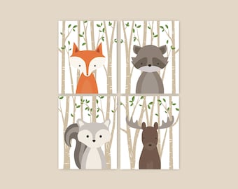 Woodland Animal Nursery Print Set, Fox Raccoon Squirrel Moose Wall Art Forest Theme Decor, Unframed Prints, Canvas or Digital Baby Room Art