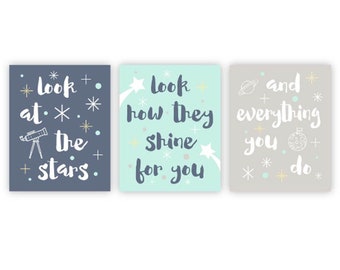 Baby Nursery Decor Moon and Stars Nursery Decor Quote Prints Look at the stars Kids Wall Art Baby Gifts for Baby Blue Aqua Gray Grey Art