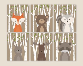 Woodland Animal Nursery Art Prints, Forest Creatures Decor (Set of 6)(Prints or Canvas)