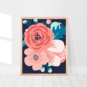 Large Floral Wall Art, Coral Navy Pink Aqua Teen Flower Bedroom Art, Dorm Room Decor, Modern Peony Print or Canvas