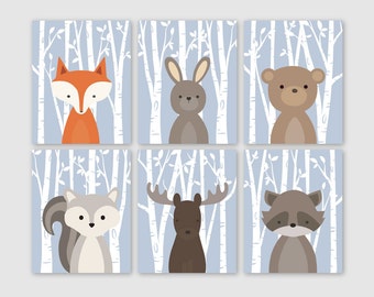 Woodland Nursery Animal Wall Art Decor Birch Tree Forest Friends Set of of 6 Fox Rabbit Bear Squirrel Moose Raccoon PRINTS or CANVAS
