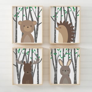 Woodland Animals Wall Art PRINTABLE Files set of 4 Woodland Nursery Decor Grey Birch Trees Woodland Forest Animal Bear Hedgehog Moose Hare
