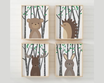 Woodland Animals Wall Art PRINTABLE Files set of 4 Woodland Nursery Decor Grey Birch Trees Woodland Forest Animal Bear Hedgehog Moose Hare