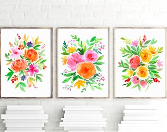 Bright Watercolor Flowers, Colorful Wall Decor, Floral arrangements, Bedroom Wall Decor, Botanical Greenery, Living Room Wall Art, Set of 3