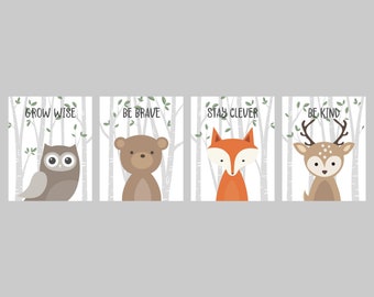 Nursery animals prints with Quotes, Woodland animal decor, Be Brave, Baby Nursery art Minimalist Woodland animal print Owl Bear Fox Deer