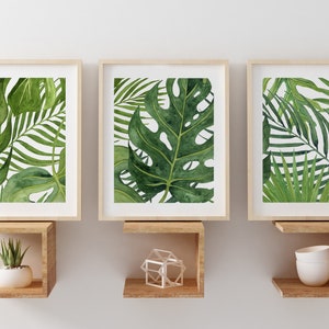 Banana Leaf Art, Tropical Wall Art for Office, Green Bedroom Decor, Bathroom Watercolor Ferns Art PRINTS or CANVAS, Set of 3, Palm Leaves