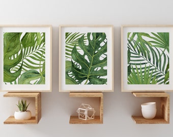 Banana Leaf Art, Tropical Wall Art for Office, Green Bedroom Decor, Bathroom Watercolor Ferns Art PRINTS or CANVAS, Set of 3, Palm Leaves