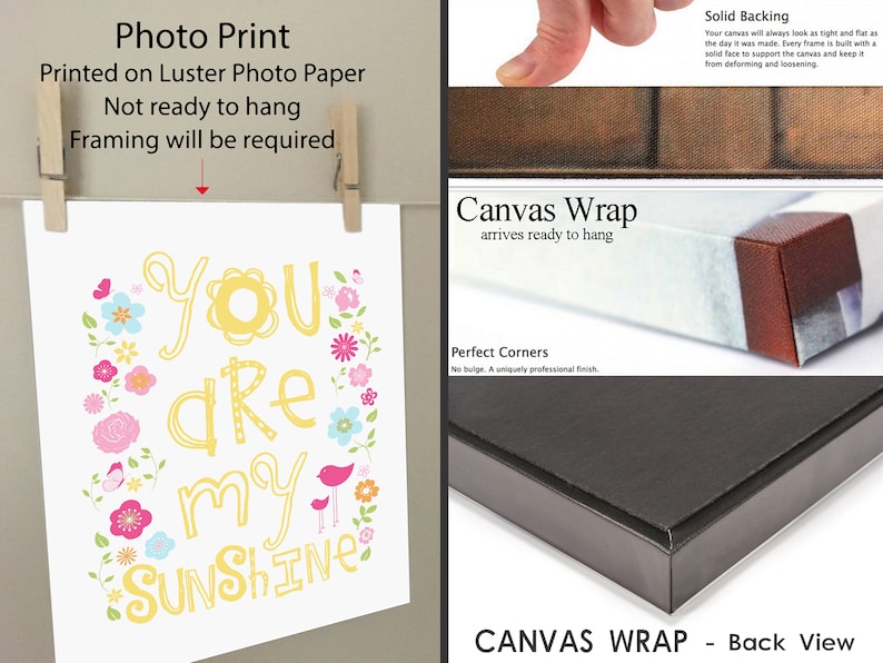 May include: A white photo print with the text "You are my Sunshine" surrounded by colorful flowers and birds. The print is available as a photo print or a canvas wrap.