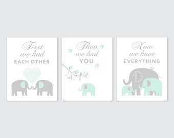 Mint and Gray Elephant Wall Art First We Had Each Other Elephant Nursery Decor Boy bedroom Wall Art Elephant baby shower 227